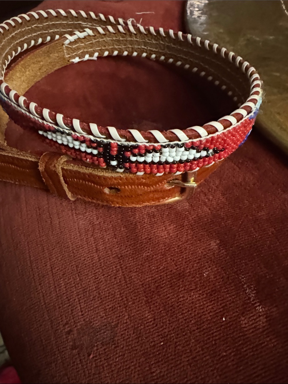 Hand-Beaded Red and White Leather Belt with Contrast Stitching